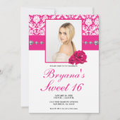 Invitation Roses roses chauds et Damask Diamond Bling Invitat (Devant)