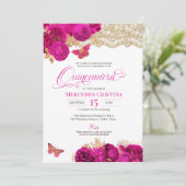 Invitation Roses roses chauds et papillon de dentelle Quincea (Debout devant)