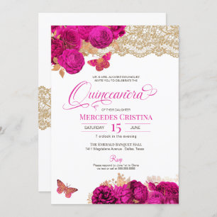 Invitation Roses roses chauds et papillon de dentelle Quincea