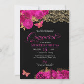 Invitation Roses roses chauds et papillon de dentelle Quincea (Devant)