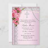 Invitation Roses roses croisent communion sainte ou baptême (Devant)