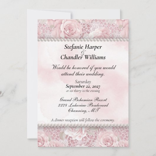 Invitation Roses roses, dentelle et perles Mariage (Devant)