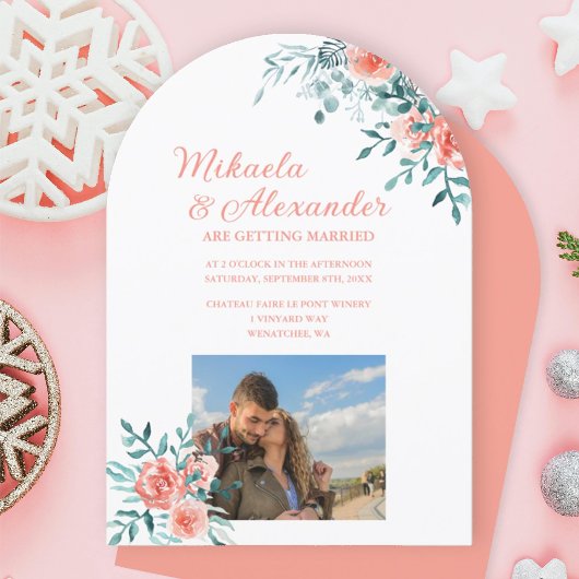 Invitation Roses roses d'hiver, Mariage Eucalyptus vert clair