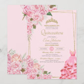 Invitation Roses roses douces Blush et Quinceanera Florale Or (Devant / Derrière)