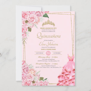 Invitation Roses roses douces Blush et Quinceanera Florale Or