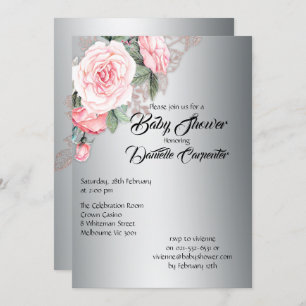 Invitation Roses roses élégantes sur Baby shower argenté