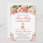 Invitation Roses roses et fleurs roses Première Communion sai (Devant)