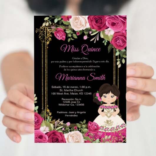 Invitation Roses roses et fond noir Quinceanera
