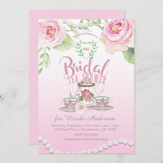 Invitation Roses roses et perles roses Elégante douche à thé  (Devant / Derrière)