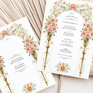 Invitation Roses roses et Urnes d'or Mariage victorien