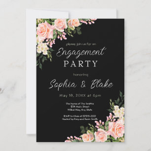Invitation Roses roses et verdure Black Engagement Party