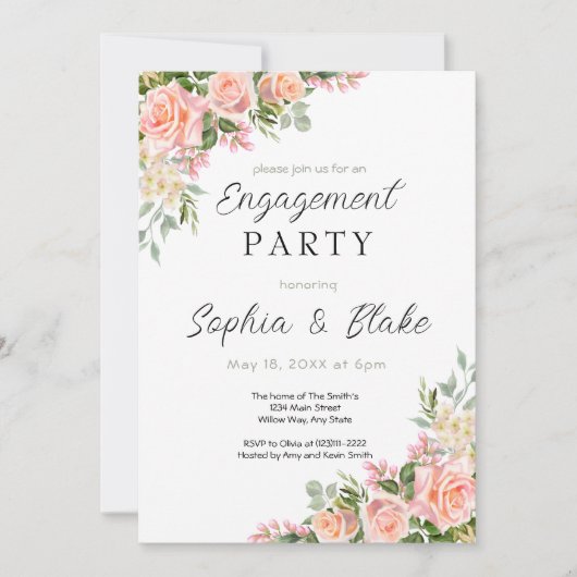 Invitation Roses roses et verdure | White Engagement Party (Devant)