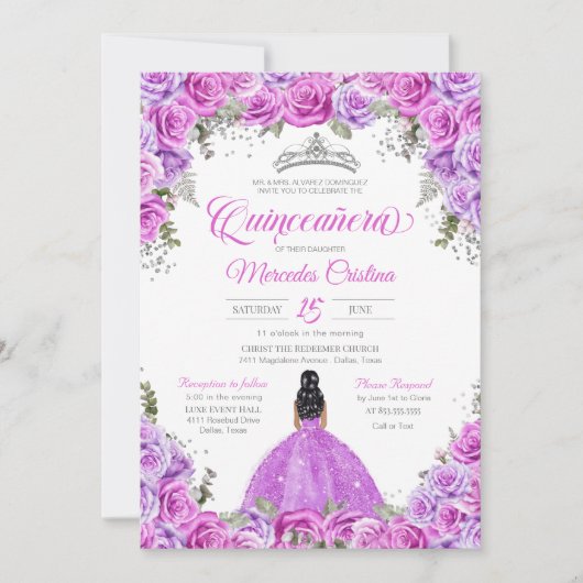 Invitation Roses roses et violets & Silver Tiara Quinceanera (Devant)