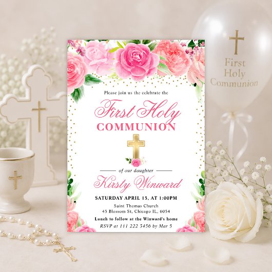 Invitation Roses roses fleurs Première communion