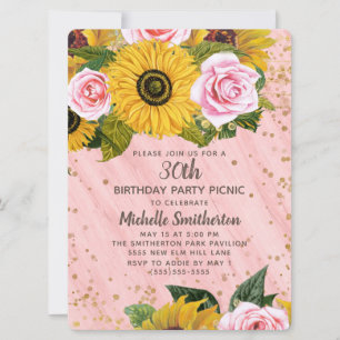 Invitation Roses roses jaunes paillettes dorées 30e anniversa