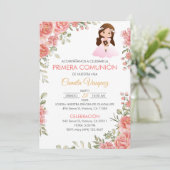 Invitation Roses roses mignonnes Première communion Espagnol (Debout devant)