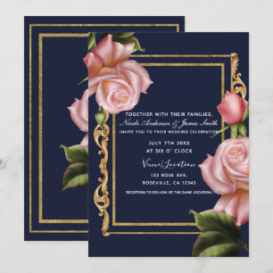 Invitation Roses roses navires bleu et or mariage moderne