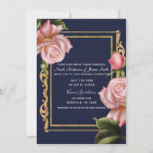 Invitation Roses roses Navy bleu et or Mariage Moderne (Devant)