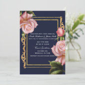Invitation Roses roses Navy bleu et or Mariage Moderne (Debout devant)