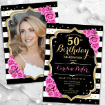 Invitation Roses roses noires blanches Photo 50e anniversaire<br><div class="desc">Elégante invitation à 50e anniversaire fleurie avec votre photo au verso de la carte. Design noir blanc rose avec faux or parties scintillant. Comprend des rayures noires et blanches, des roses roses blanches, des caractères de script et des confettis. Parfait pour une fête anniversaire adulte élégante. Personnalisez avec vos propres...</div>