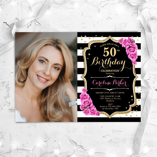 Invitation Roses roses noires Blancs Photo 50e anniversaire