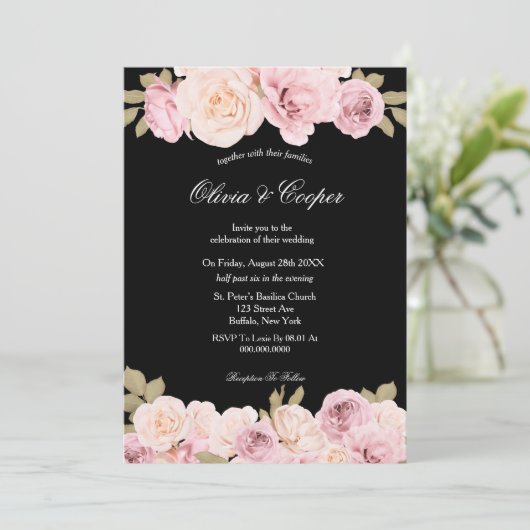 Invitation Roses roses noires et blanches (Debout devant)