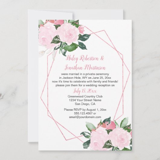 Invitation Roses Roses Pâles Réception Géométrique Seulement (Devant)