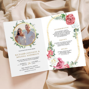 Invitation Roses roses Photo QR Code Floral or Wedding doré
