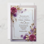 Invitation Roses roses profondes feuille d'or cadre mariage (Devant)