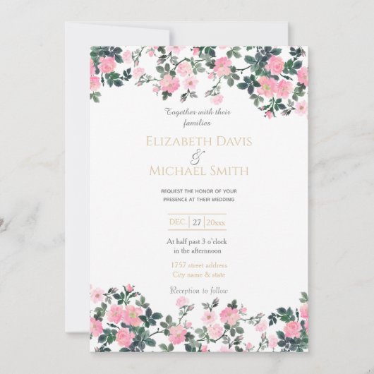Invitation Roses roses romantiques rose aquarelle florale Pei (Devant)