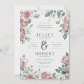 Invitation Roses roses romantiques Sage Vert Feuille Mariage (Devant)