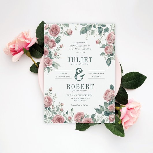 Invitation Roses roses romantiques Sage Vert Feuille Mariage