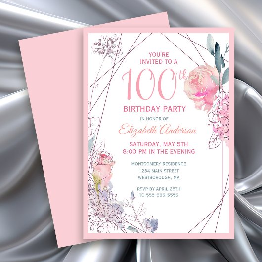 Invitation Roses roses rose Aquarelle Florale 100e fête d'ann