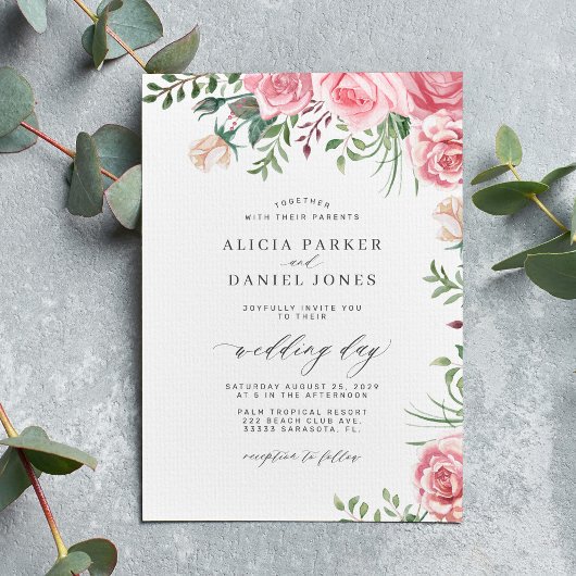 Invitation Roses roses rose aquarelle florale élégant mariage