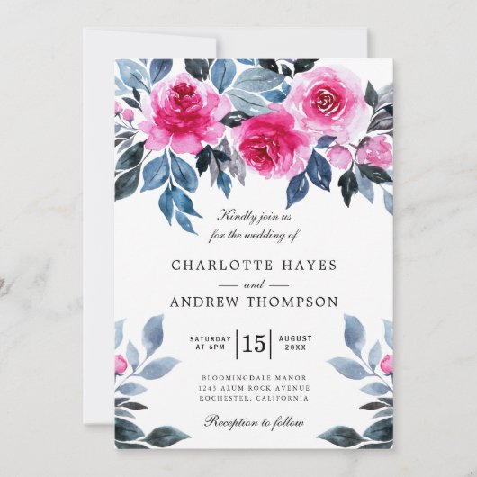 Invitation Roses roses rose Aquarelle Mariage botanique (Devant)