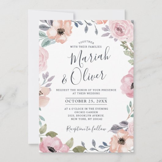 Invitation Roses roses rose poussiéreuses Mariage floral mi-é (Devant)