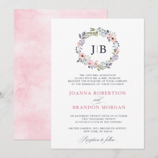 Invitation Roses roses rose poussiéreuses Mariage floral mi-é (Devant / Derrière)