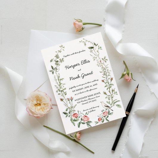 Invitation Roses roses roses Aquarelle Oiseau Mariage écrit à