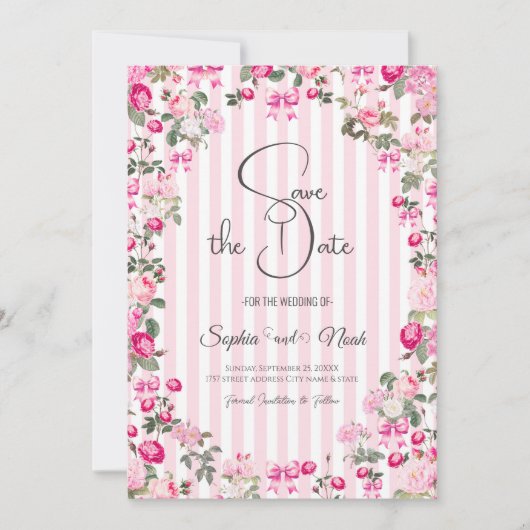 Invitation Roses roses roses Coquette Bow rayures vintage (Devant)