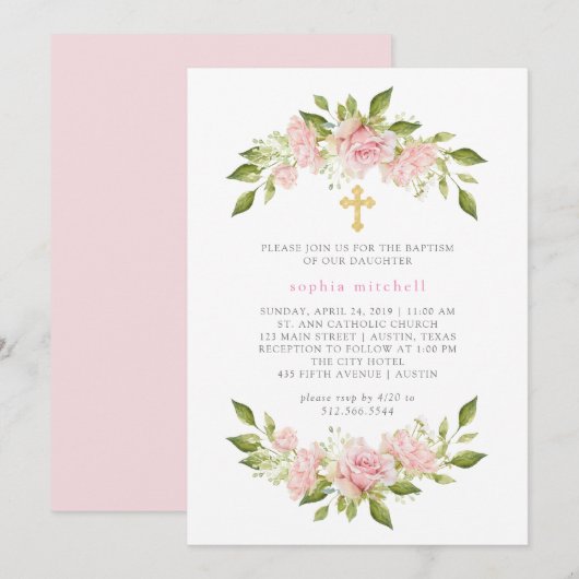 Invitation Roses roses roses et Croix d'or assez bleues | Bap (Devant / Derrière)