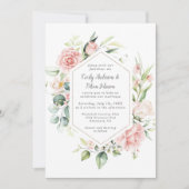 Invitation Roses roses roses et Eucalyptus Or cadre géométriq (Devant)