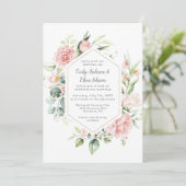 Invitation Roses roses roses et Eucalyptus Or cadre géométriq (Debout devant)