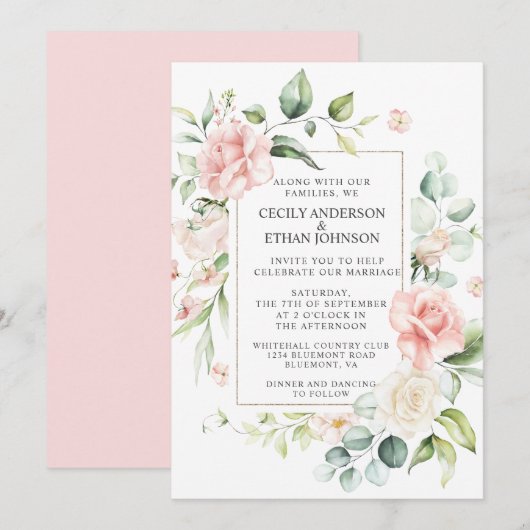 Invitation Roses roses roses et Mariage arrière rose Eucalypt (Devant / Derrière)