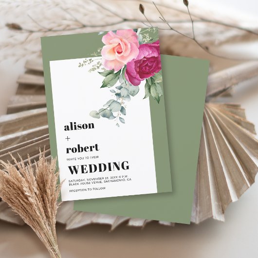 Invitation Roses roses roses et mariage vert d'eucalyptus