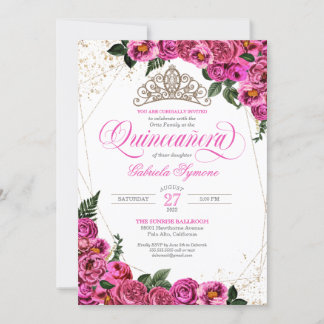 Invitation Roses roses roses et or Tiara Elegant Quinceañera