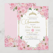 Invitation Roses roses roses et or Tiara Floral Quinceanera (Devant / Derrière)