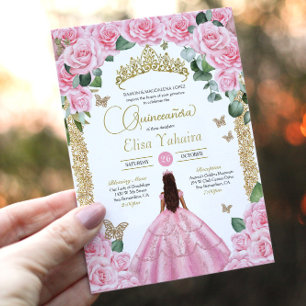 Invitation Roses roses roses et papillon d'or Princesse Quinc