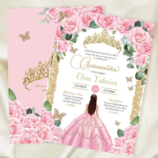 Invitation Roses roses roses et papillon d'or Quinceanera