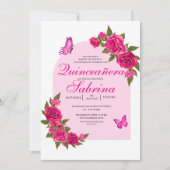 Invitation Roses roses roses et papillon Fuchsia Quinceañera (Devant)