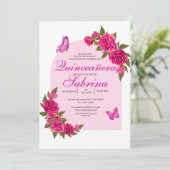 Invitation Roses roses roses et papillon Fuchsia Quinceañera (Debout devant)